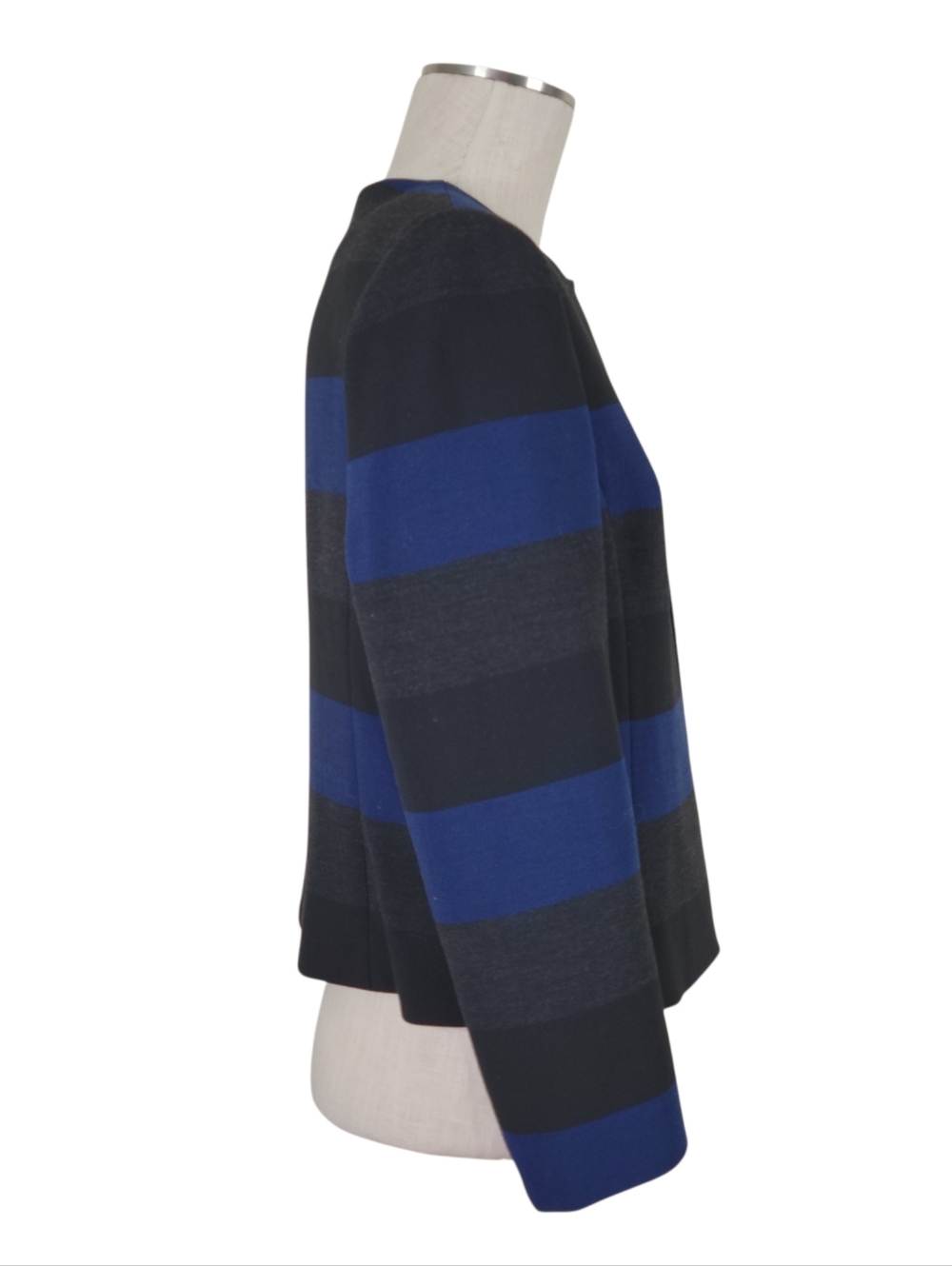 Tahari ASL Blazer Size 10P Blue Gray Black Wide Stripes Open Front Top Hook Eye - Picture 4 of 11